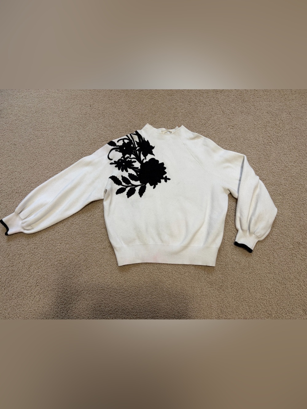 Anthropologie Ivory Sweater with Black Floral Appliqué